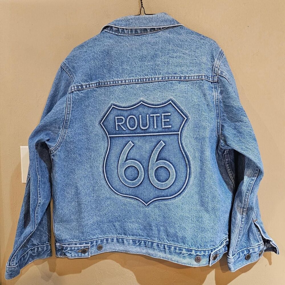 vintage route 66 embossed denim jacket